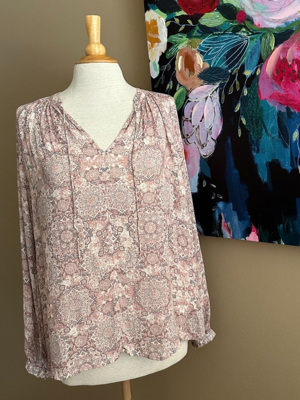 Lucky Brand Boho Paisley Peasant Blouse Medium Pink Long Sleeve Viscose